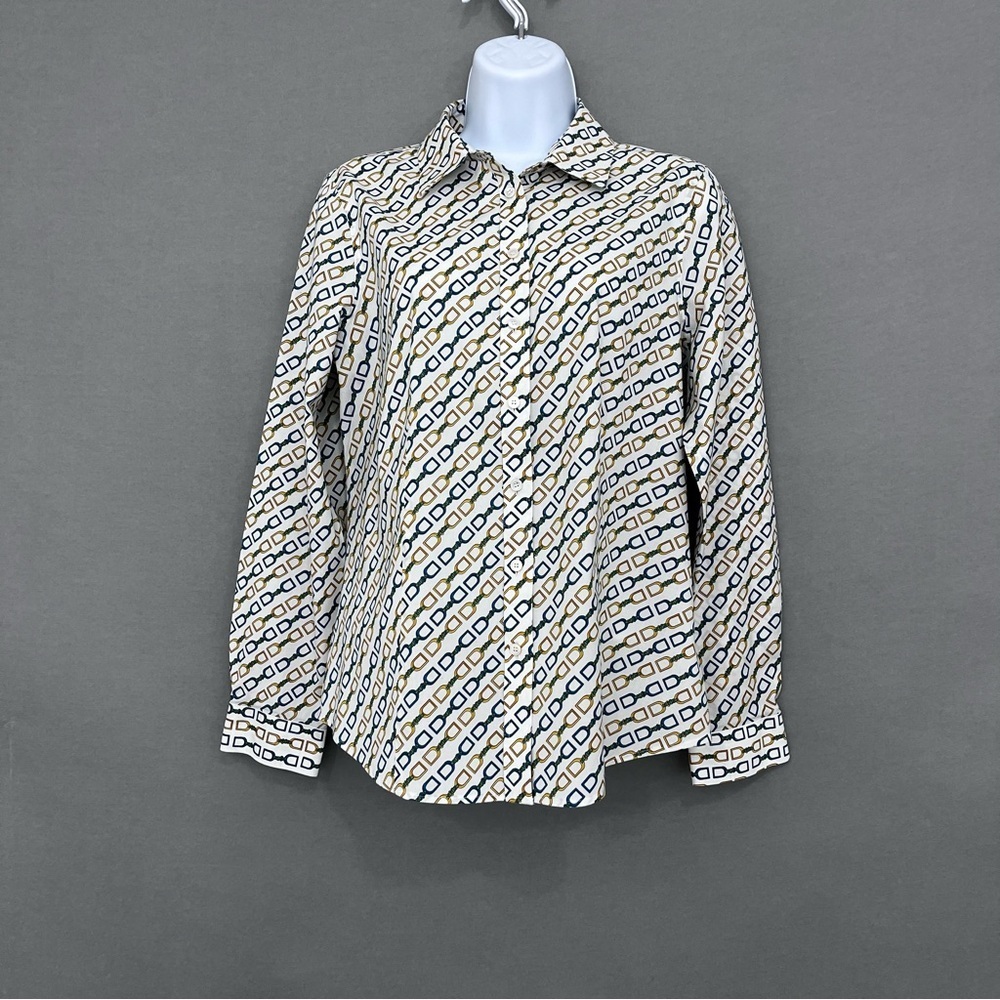 Talbots Equestrian Print Button Long Sleeve Shirt